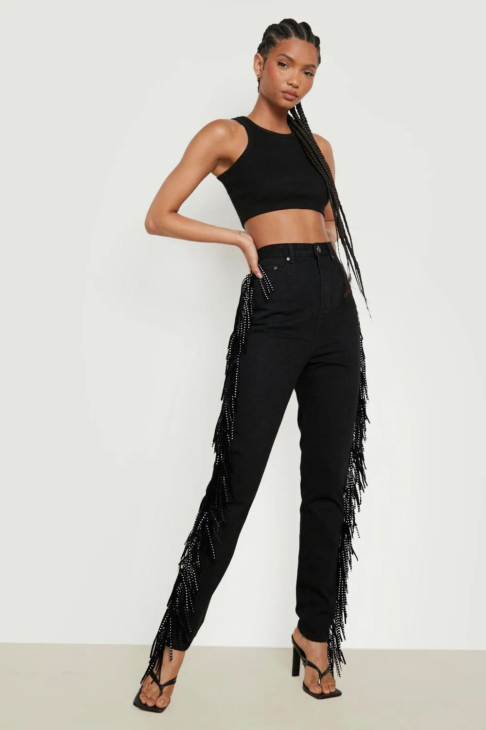 Tall Tassel Rhinestone Detail Mom Jeans