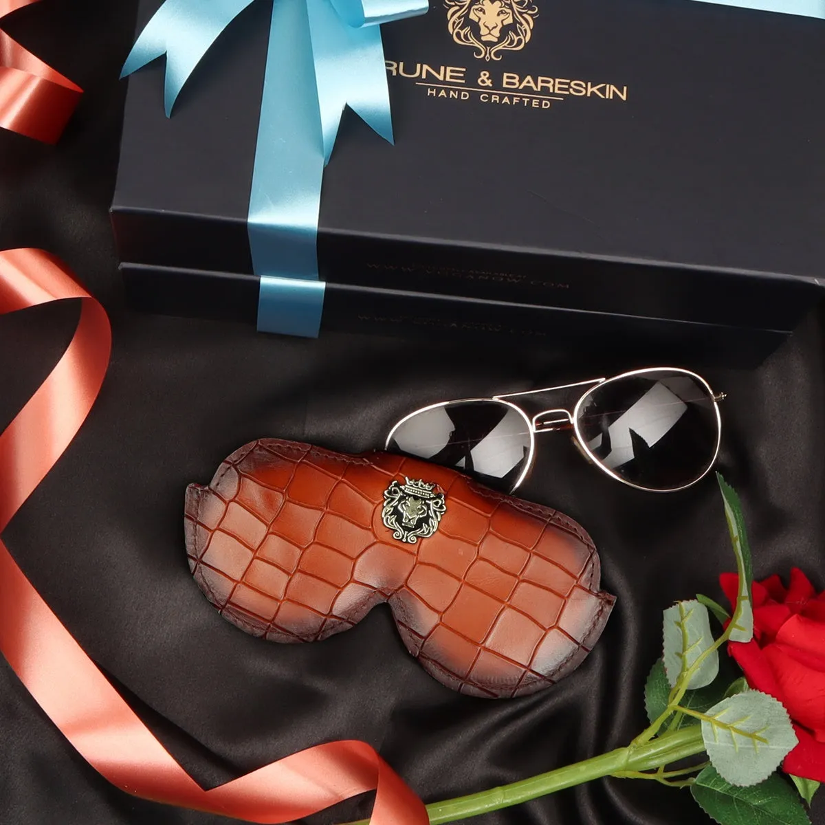 Tan Croco Print Leather With Metal Lion Eyewear Glasses Cover by Brune & Bareskin