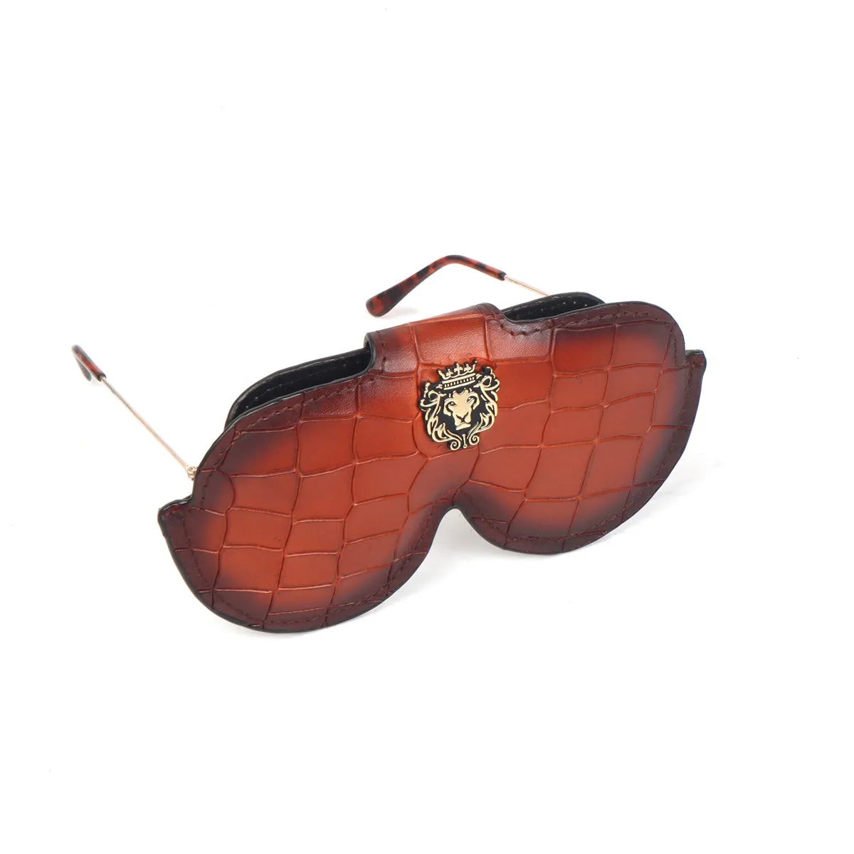 Tan Croco Print Leather With Metal Lion Eyewear Glasses Cover by Brune & Bareskin