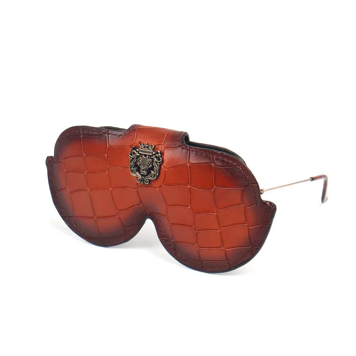 Tan Croco Print Leather With Metal Lion Eyewear Glasses Cover by Brune & Bareskin