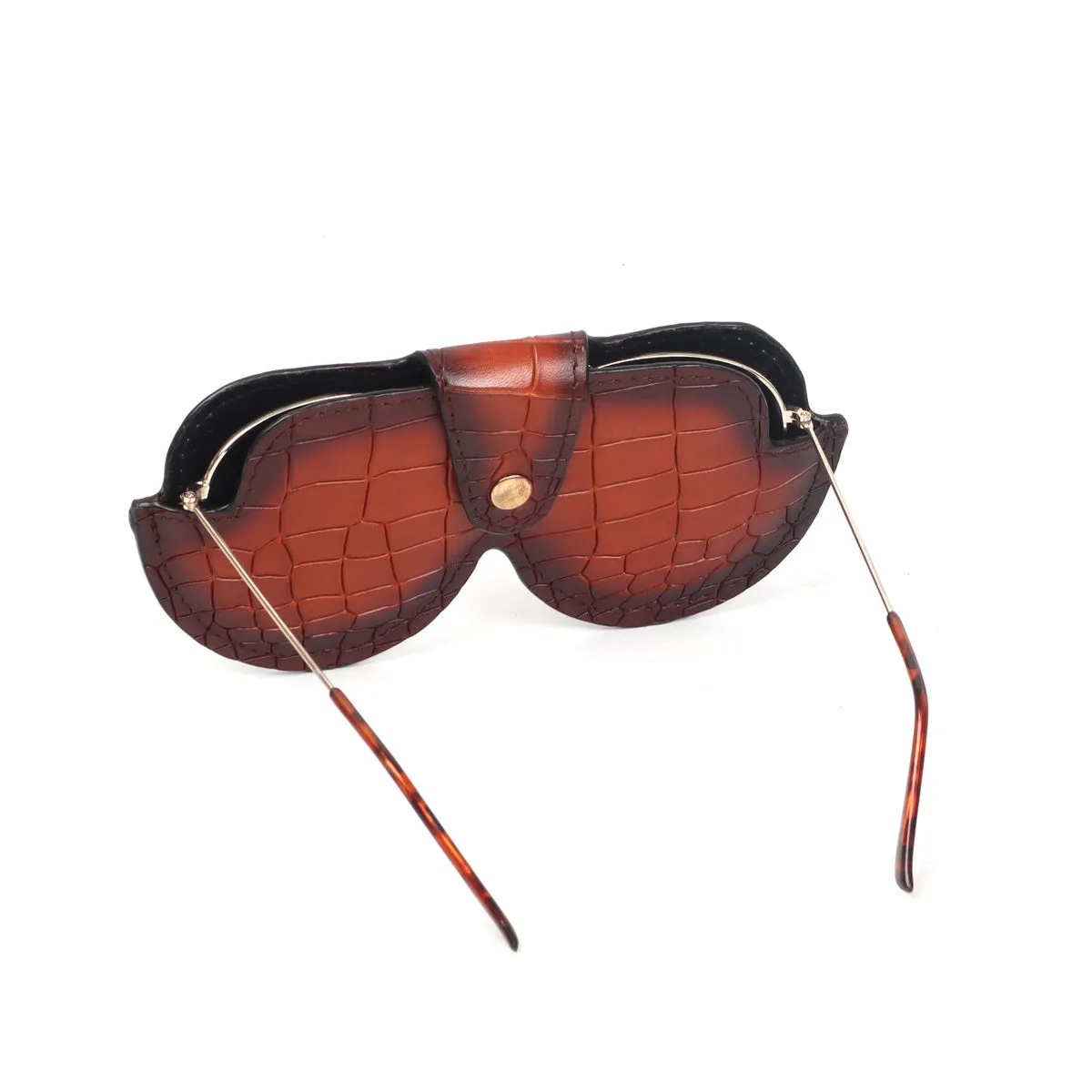 Tan Croco Print Leather With Metal Lion Eyewear Glasses Cover by Brune & Bareskin