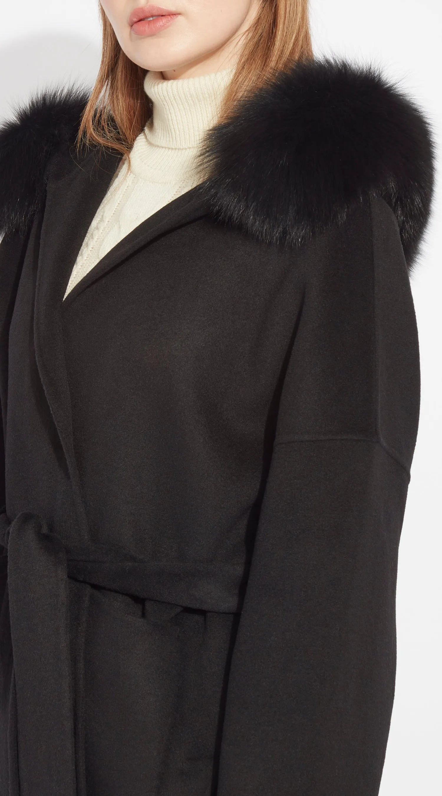 The London Cashmere & Fox Fur Belted Coat - Black