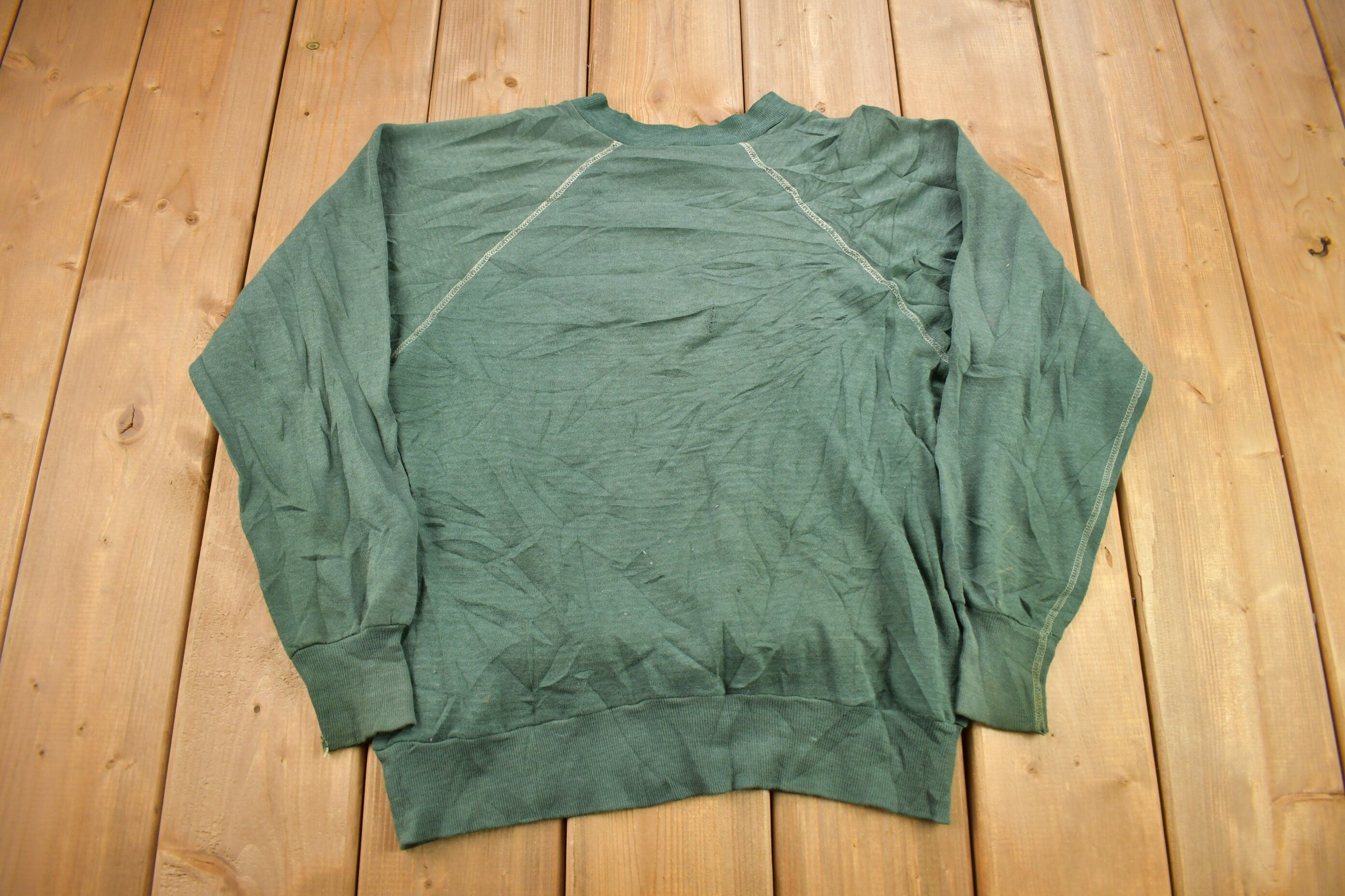 Vintage 1960s Blank Faded Forest Green Crewneck Sweatshirt / 60s Crewneck / Made In USA / True Vintage / Distressed