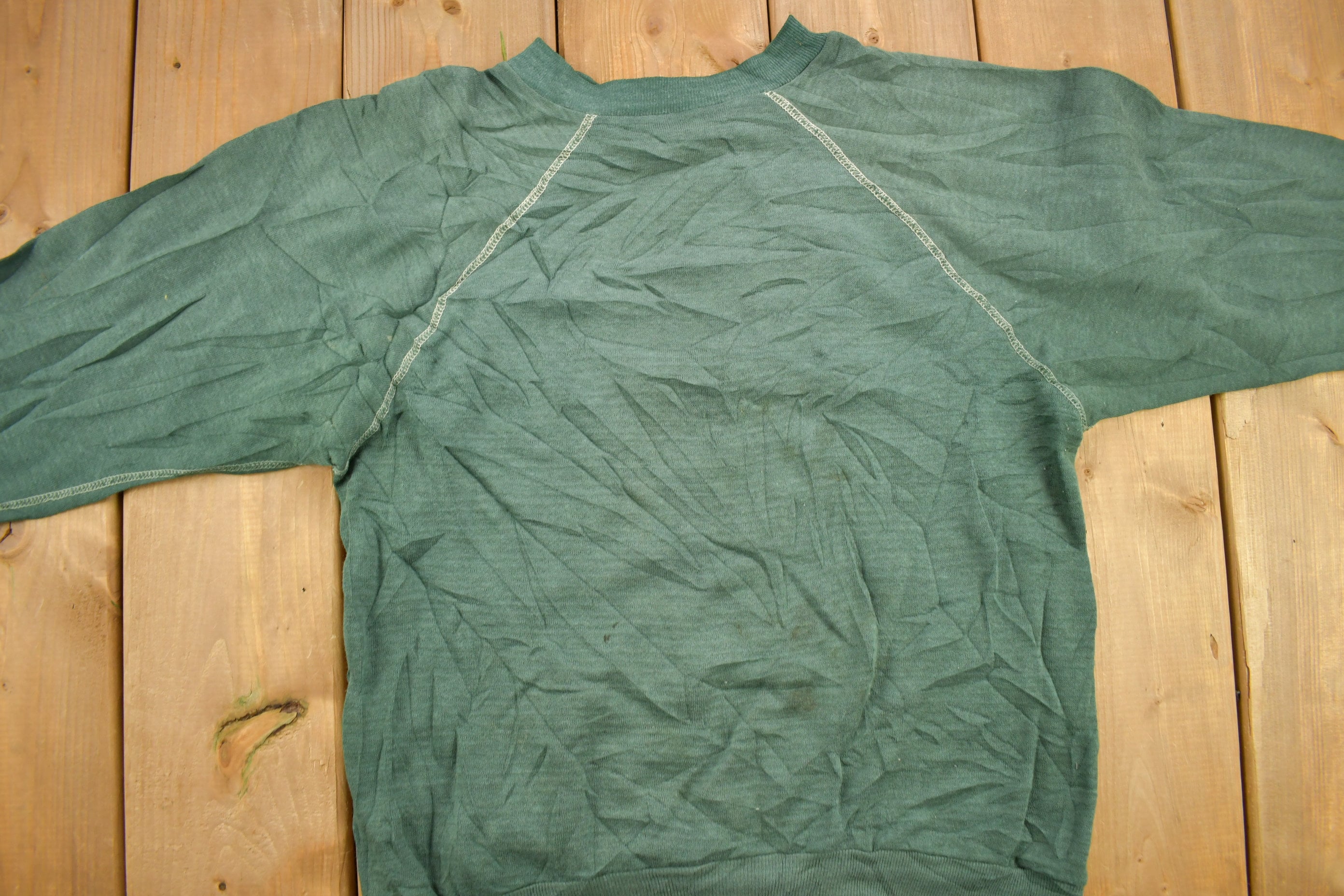 Vintage 1960s Blank Faded Forest Green Crewneck Sweatshirt / 60s Crewneck / Made In USA / True Vintage / Distressed