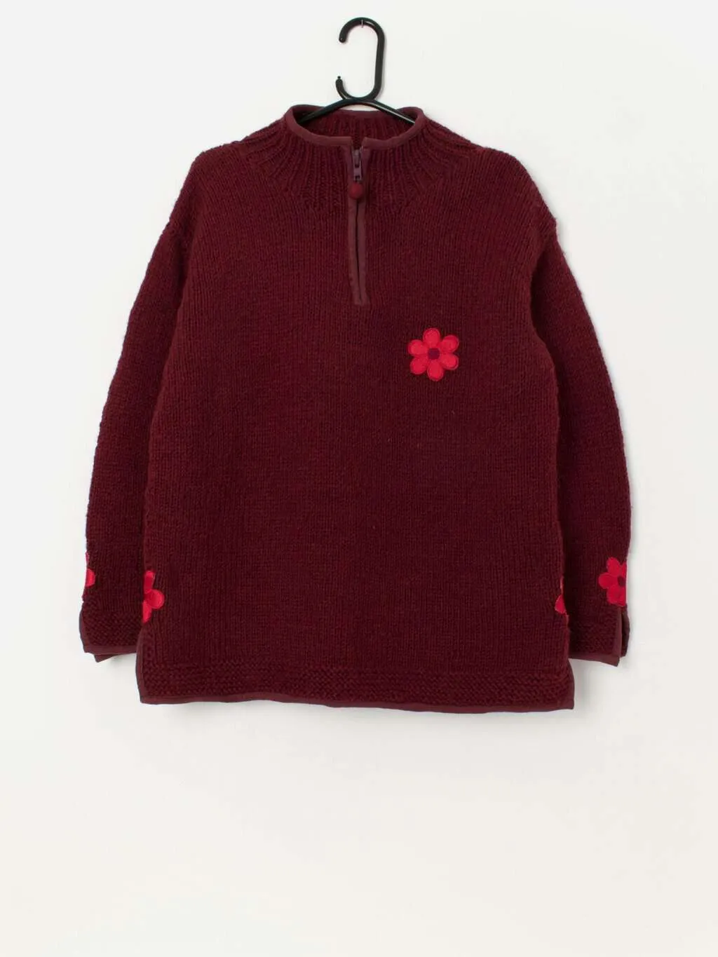 Vintage Pachamama burgundy chunky wool quarter zip sweater with red flowers – Large