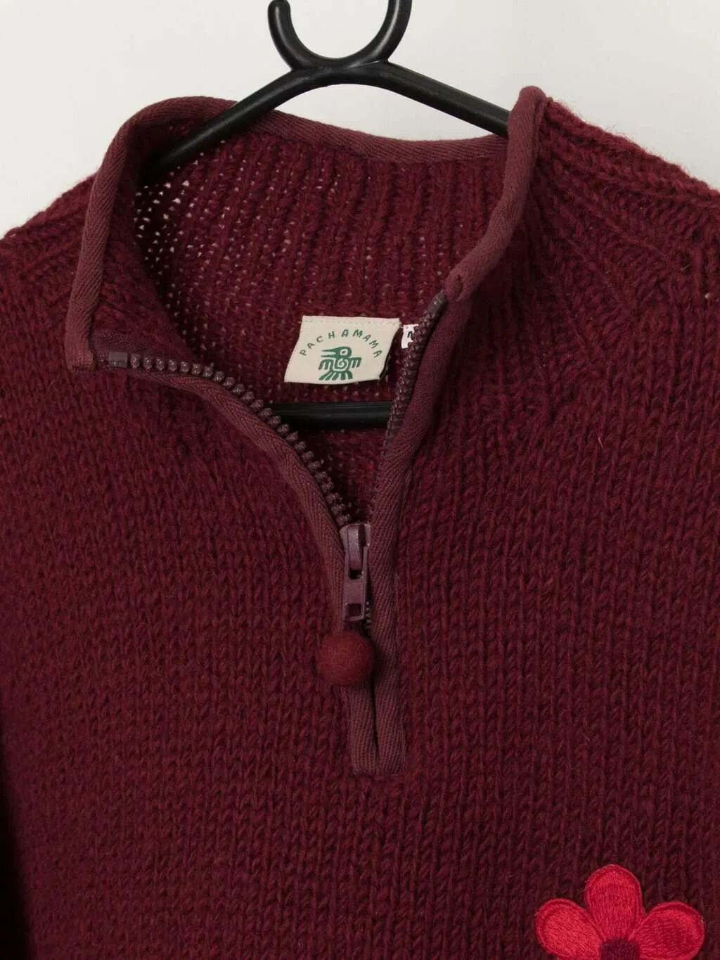 Vintage Pachamama burgundy chunky wool quarter zip sweater with red flowers – Large