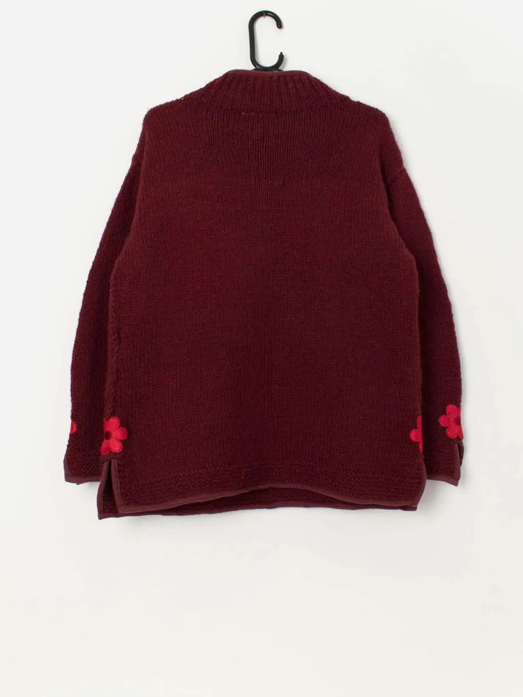 Vintage Pachamama burgundy chunky wool quarter zip sweater with red flowers – Large