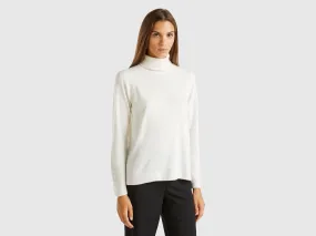 White turtleneck sweater in cashmere and wool blend - Creamy White | Benetton