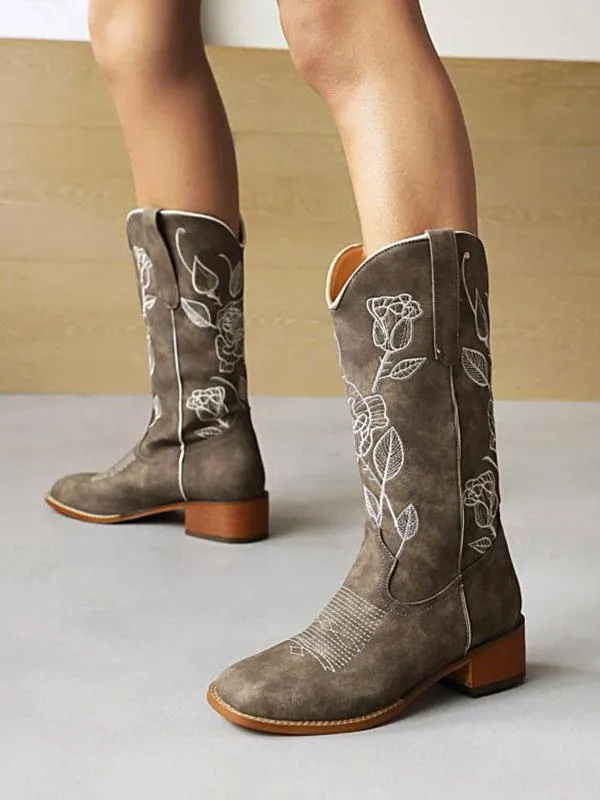 Women's Mid Calf Boots PU Leather Round Toe Cowboy Boots Puppy Heel Boots