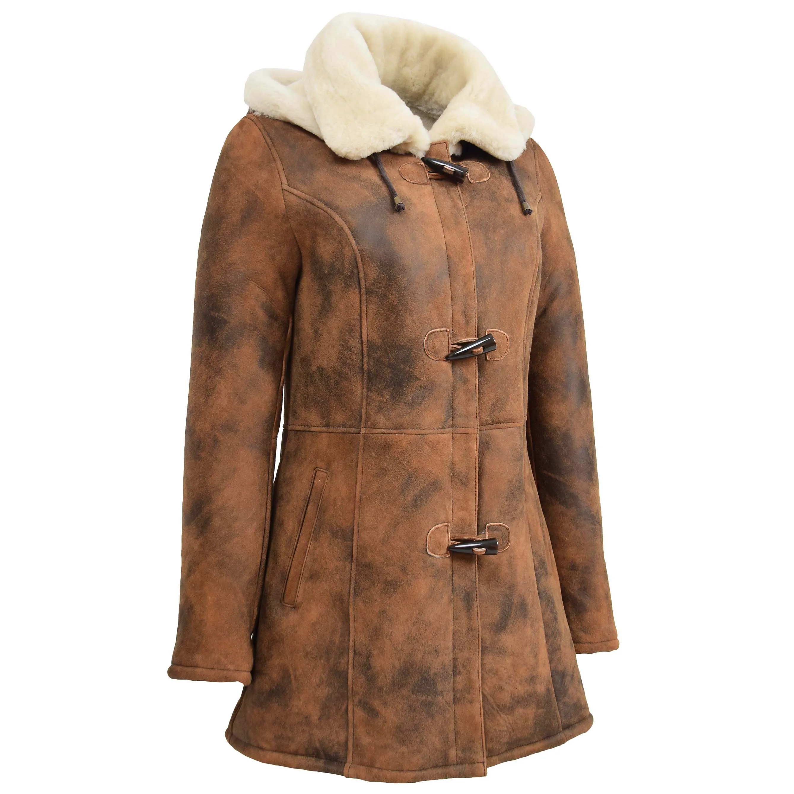 Womens Sheepskin Duffle Coat Mid Length Ellen Vintage Brown