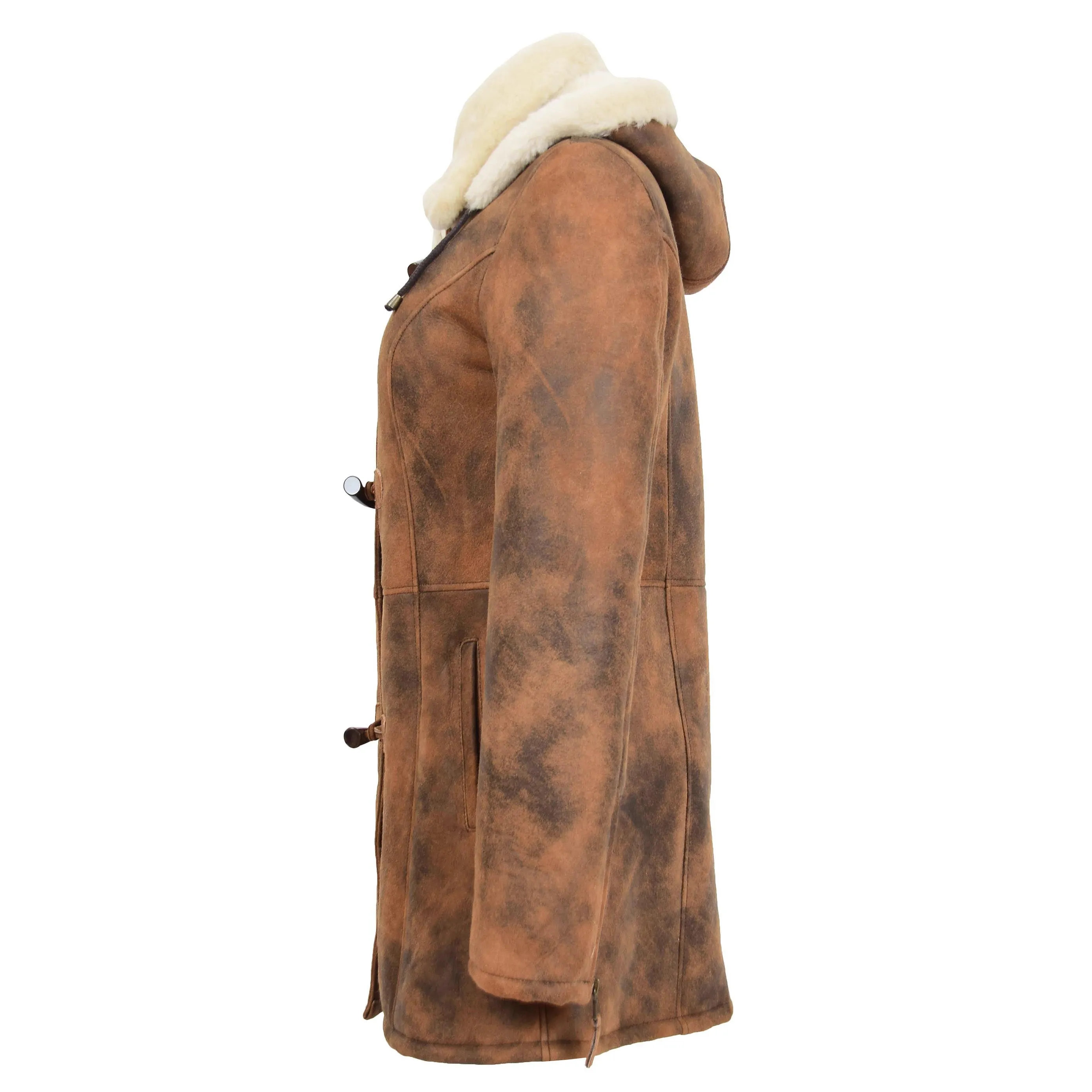 Womens Sheepskin Duffle Coat Mid Length Ellen Vintage Brown