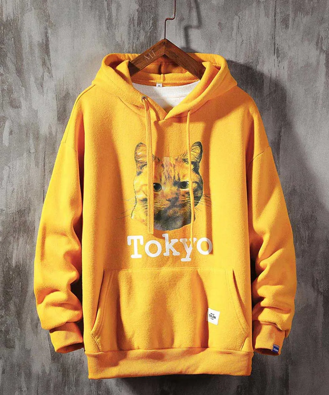 Yellow Tokyo cat pattern print hoodies with pouch pocket