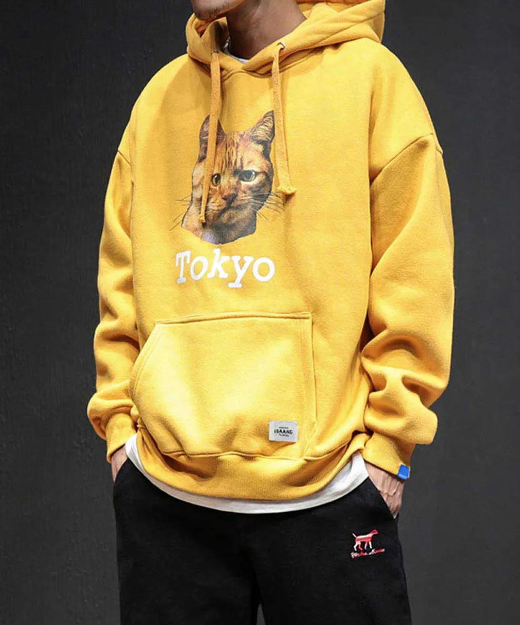 Yellow Tokyo cat pattern print hoodies with pouch pocket