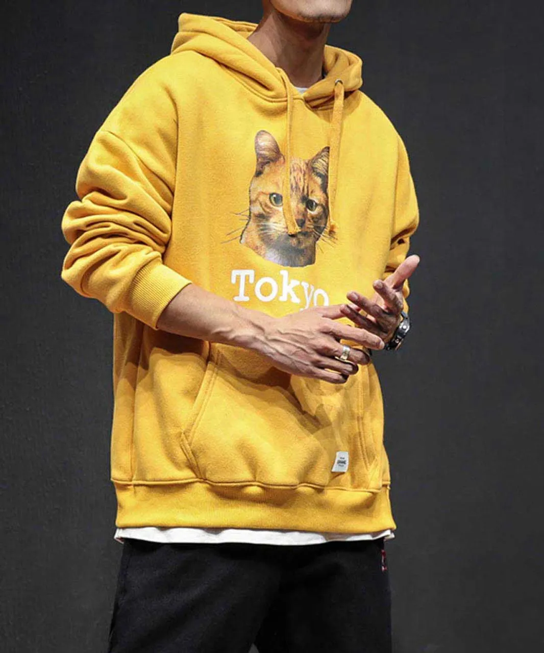 Yellow Tokyo cat pattern print hoodies with pouch pocket