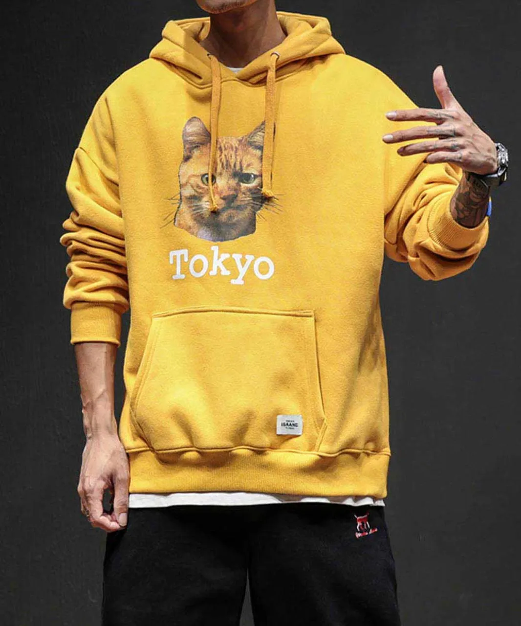 Yellow Tokyo cat pattern print hoodies with pouch pocket