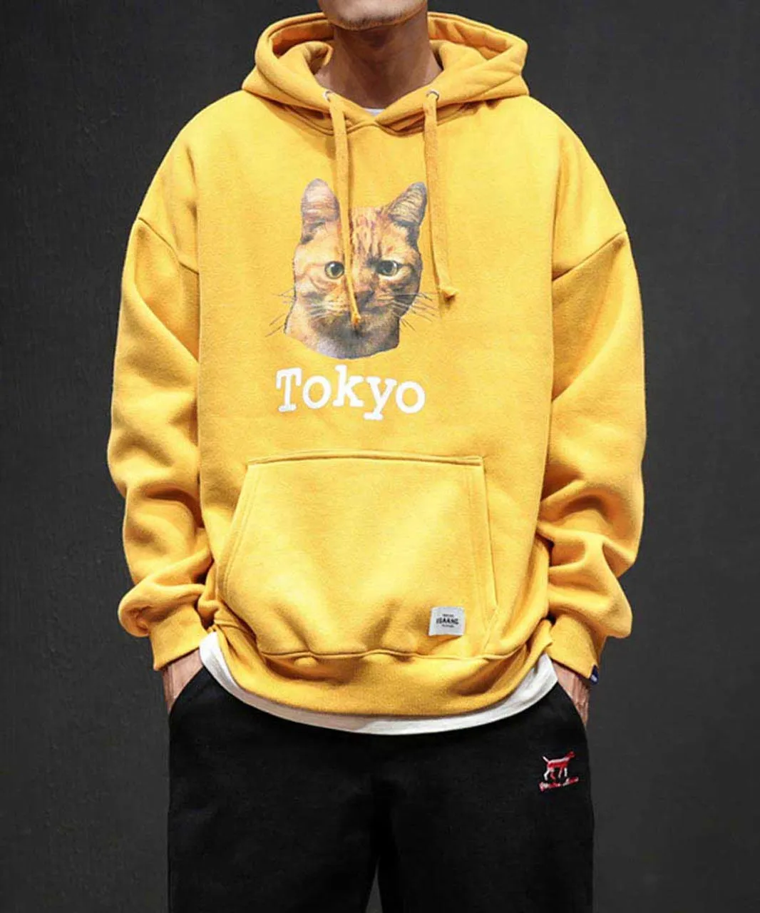 Yellow Tokyo cat pattern print hoodies with pouch pocket