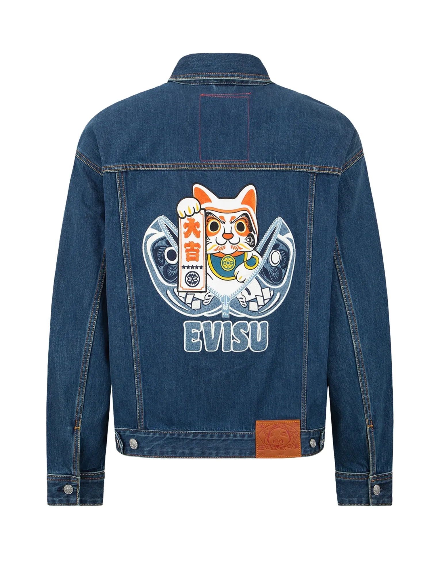 Zip-up Daruma and Fortune Cat Appliqué Denim Jacket