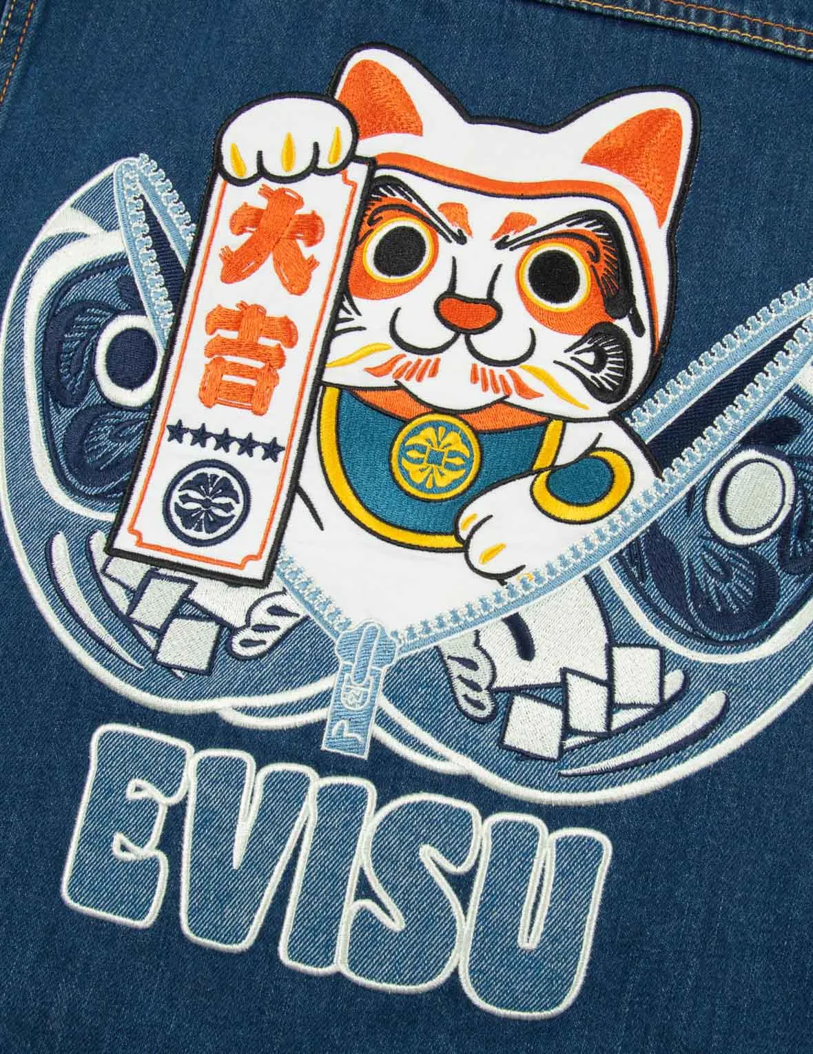 Zip-up Daruma and Fortune Cat Appliqué Denim Jacket